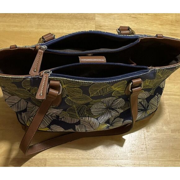 Vintage Chaps Blue Yellow Floral Canvas & Brown Leather Tote Handbag - Picture 9 of 16